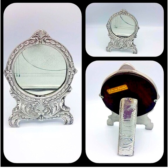 Vintage Pewter mirror / Vanity mirror / Pewter frame Hand crafted Vintage - Picture 2 of 15